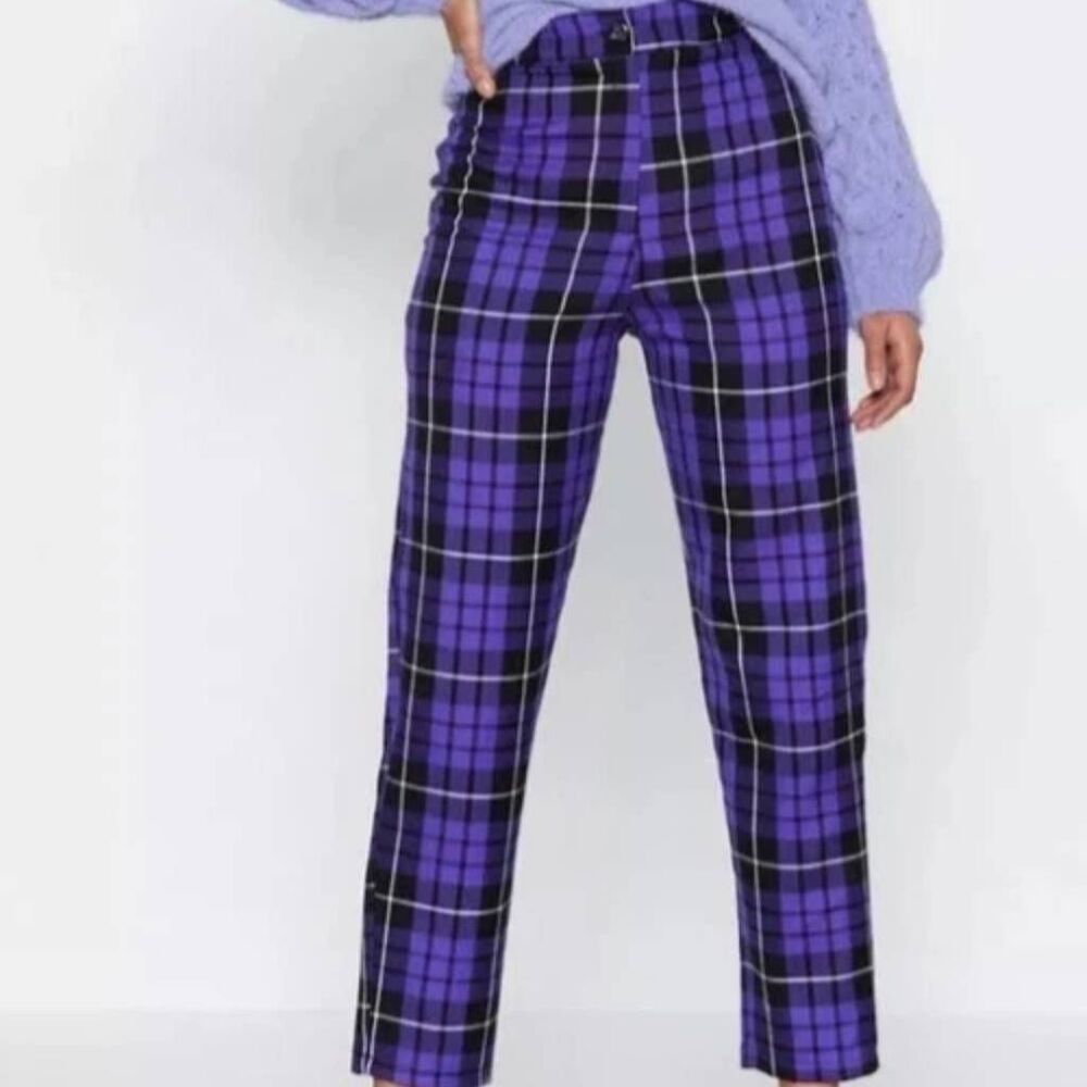 Purple Plaid High-Waist Trousers
